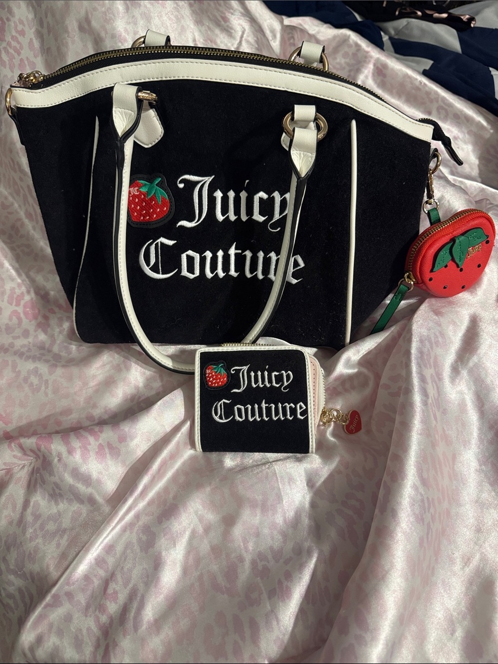 Juicy Couture Black and White Strawberry Logo Tote with Coin Pouch